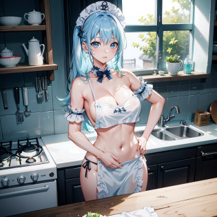 Light blue hair woman cooking in kitchen?A look of shame?shame?Naked apron?Navel out?randome pose?Maids?Messy light???Best Highlights???Best Shadows???highestdetailed???Highest image quality 8K???masutepiece?