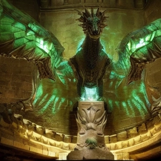 Hyper realistic image of a dragon statue in the distance. photo filled with emerald green. Statue in a giant stone dungeon, brightly lit with beams of sunlight shining throughout the room and on the statue. The architecture of the dungeon is gold and a mix of egyptian, greek, and norse. Bioluminescent flora growing in the room and hanging from the ceiling