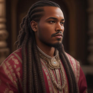 cinematic, photo, head and shoulder portrait photo, 1man, solo, malagasy nobleman, 28 years old, plump lips, long loose hair, dutch braids, short beard, long chin beard, serious, intense expression, athletic, rich regal traditional clothes, elaborate, intricate decorations, in a palace, Canon EOS 5D Mark IV, historical, fantasy, hyper detailed, accurate textures, realistic, skin pores
