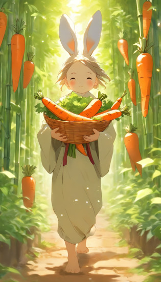 A little girl with rabbit ears holds a giant carrot?In the vegetable garden?The little boy carried a bamboo basket?The bamboo basket was filled with carrots?There are also some small white rabbits in the vegetable garden?Illustration Japanese manga style?The light is gentle?The little boy is full of energy?Japanese healing system