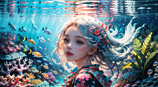 Conceptual art of marine life, Undersea landscape, Marine life?Beautiful coral reefs come in different shapes, 3D?, Fish, Female animated fantasy illustration. Long white hair scattered in the sea, Drift, Very harmonious. The whole painting adopts a messy and imaginative painting style. The colors are bright and saturated, And with smooth lines. The mystery and beauty of the ocean, The painting depicts an underwater world full of life and vitality, Animated art wallpaper 8 K