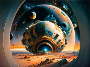 Award winning painting of a space exploration scene with distant planets and a spaceship, (Style of Chris Moore, John Berkey , Chris Foss:1. 1), <lora:DaveSpaceFour:0. 8>, Extreme Detail, Cinematic Shot, 16k, UHD, HDR, (Masterpiece:1. 5), (best quality:1. 5)