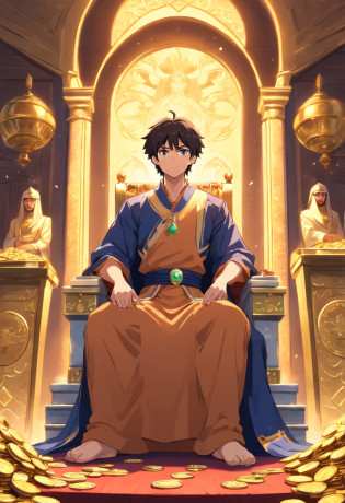 Urabe from Captain Tsubasa as an Arab Royal Man, Sitting on a Throne, Inside palace, surrounded by dollars ,gems and gold coins, a treasure. looking to the camera