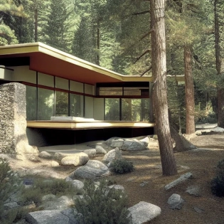 Eye level hyper realistic photo of the exterior of a mid-century modern house with large glass windows and a granite path in a the High Sierra forest, Frank Lloyd Wright