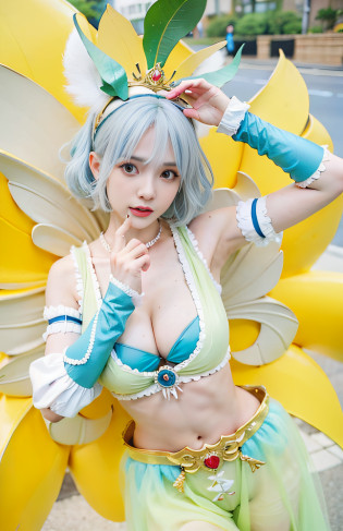 araffe cosplaying in a costume with a flower on her head, anime cosplay, anime girl cosplay, cosplay, cosplayer, cosplay photo, professional cosplay, full-cosplay, glamourous cosplay, elegant glamourous cosplay, aqua from konosuba, publicity cosplay, anime goddess, cosplayer dressed like a crab, knights of zodiac girl, white haired deity