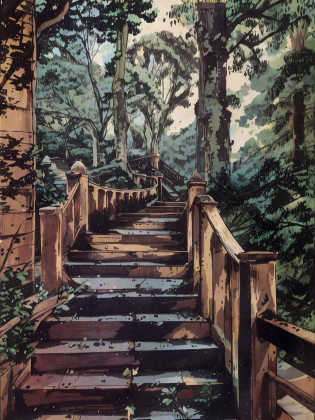 there is a wooden staircase leading up to a tree lined hill, outdoor staircase, wooden stairs, 400 steps, steps leading down, stairs, stairways, long winding stairs going down, leading to a beautiful, stairway, 4 0 9 6, steps, coming down the stairs, penrose stairs, external staircases, stairway to heaven, staircases