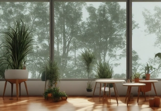 environment living room interior, mid century modern, retro, m vintage, designer furniture made of wood and plastic, concrete table, wood walls, flowerpot in a pot, large window, outdoor forest landscape, beautiful sunset, cinematic, concept art, sunstainable architecture, octane render, utopia, ethereal, cinematic light, �ar 16:9 �stylize 45000