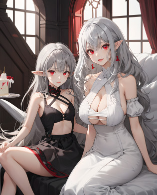 tmasterpiece? Best quality at best? 1girll?((adolable+Lori huge breasts cleavage) smallunderboob?Three-dimensional facial features?sitted?Clear  eyes?Gray hair and beautiful red eyes?pointy�ears?exposed bare shoulders? long whitr hair??smallunderboob?1?Black and white cake dress