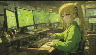 There was a man sitting at his desk?There are two computer monitors, sitting in front of the computer, sitting in front of the computer, looking at monitor, Displays a stock chart, sitting at a computer desk, in front of a computer, Trading, Trade stocks,
