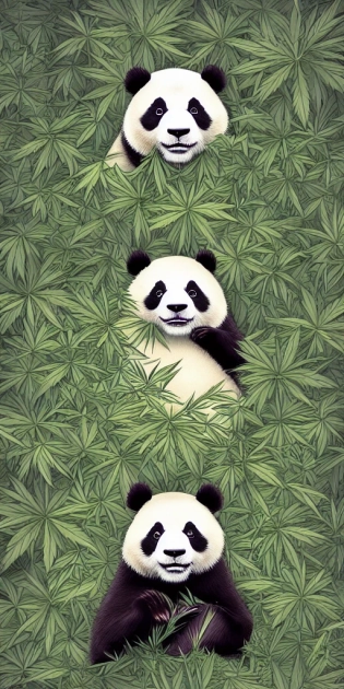 beautiful aesthetic digital illustration of a relaxed panda surrounded by an endless forest of weed wlop and Julia Razumova, realistic, photorealistic, hyperrealistic, unreal engine, octane, deviantArt, trending on artstation, artstation HQ
