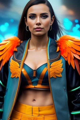 (Gorgeous Photo:1. 3) of (Ultra detailed:1. 3), 8k, masterpiece, ((ultra detailed:1. 1)), natural skin texture, 8k textures, cinematic look, intricate, (detailed wings:1. 3), epic ( walking angel in a turquoise jacket and pants, face, half body, body), loud joyful laughter, high detailed skin, skin pores, weather, wind, 8k, uhd, dslr, soft lighting, high quality, (decorated clothes beating blue glow:1. 7), magic fire, magic circle of flame, sharp focus, crystal clear, (high detailed skin:1. 3), skin pores , Realistic Photography, clouds in the background, (cyberpunk:1. 2), from above, looked at camera
