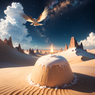 A vast expanse of the Sahara Desert, with golden sand dunes stretching into the distance. Sunlight pours onto the desert, like candlelight on a birthday cake, flickering with a unique rhythm. In the center of the desert stands a majestic iceberg, bearing witness to countless passing years. The iceberg is covered in pristine white snowflakes, as if holding the memories of bygone days, radiating warmth and joy. In the sky, a joyful bird soars freely. It spreads its wings and sings with delight, as if a messenger of happiness. Its feathers shimmer with bright colors, like scattered stars in the sky, bringing endless surprises and joy to those who behold it. --auto