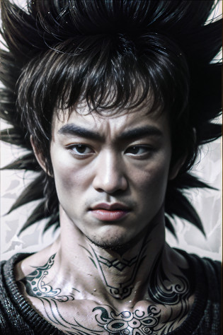 ((a drawing of Bruce Lee with body tattoos)), (looking straight to the camera), highly detailed portrait of Bruce Lee, Bruce Lee portrait, portrait of Bruce Lee, photorealistic human Bruce Lee, striking manga artstyle, highly detailed angry anime face, human Bruce Lee, wild spiky black saiyan hair, dragon ball artstyle, symmetry!! portrait of Bruce Lee, digital manga art, Bruce Lee