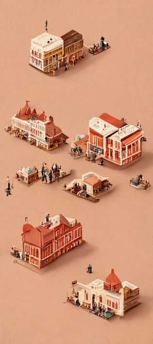 western town, 1900, infographic in the style of isometric Wes Anderson --ar 9:21