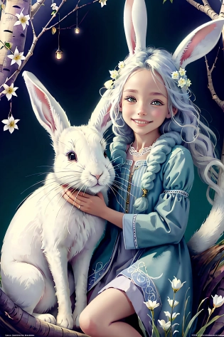 By Amanda Sage , brilliant close-up of a cute and adorable white hare, a broadly smiling creature in a tree, filigree, long striped tail, reflective eyes, pastel flowers, headlights, lights, extremely cute and detailed eyes . Magic, surreal, fantasy, digital art, Wonderland Alice, slap, Extremely detailed teeth, Cute teeth, Children's storybook style, Soft colors, watercolor style , fashion magazine cover No text, no logo, no wordmark, no writing, no heading, no signature