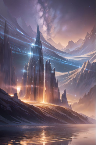 Starry Sky with Mountains and Lake, Jessica Rossier, Inspired by Jessica Rossier, Jessica Rossier Fantasy Art, Concept Art Magic Highlights, Official Artwork, Dream Painting, Ethereal Realm, Atmospheric artwork, dreamy matte paintings, serene endless stars inspired by Ted Nasmith, moonlit starry environments, epic music album covers.