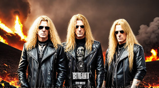 Three BLONDE MEN in leather clothes standing in front of a big explosion, BULLET BELT, METAL BRACELETS, Heavy metal promo band, Thrash metal, Heavy Rock band promo photo, Arch Enemy, Burning in Hell, New Wave of British Heavy Metal, Long Blonde Flaming Hair, Heavy Metal The Movie, Destruction, Slayer, 2 0 0 6 Advertising Promo Shot,  Proto - Metal Band Promo, Megadeth, Death Metal Preparing --auto --s2