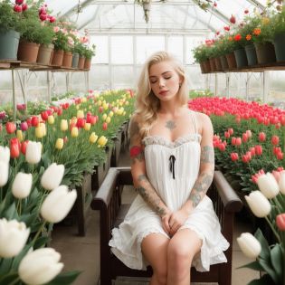 (tilted point of view:1.1), (beauty serious face:1.3) blonde in (white folk dress:1.2) (sleeping:1.2) in old style leather chair in tulips greenhouse, (detailed skin:1.1), (old style colored tattoos:1.1), foggy, dark light, dark mist colors, low contrast, 4k, detailed