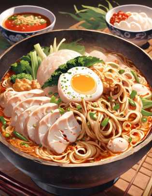 Delicious and tempting spicy noodles?Fresh vegetables are plentiful?The poached egg aroma is overflowing?Brown conch is delicious and delicious?Pepper has a strong flavor?The yellow bamboo shoots are crispy and delicious?The fungus has a delicate taste?Soybean curd has a good aftertaste?The noodles picked up by chopsticks are fragrant?illustration