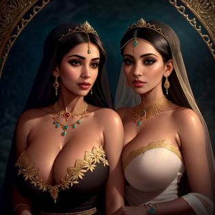 2girls, thepit bimbo, thepit style, glossy sexy bimbo, (((huge breasts))), (((two beautiful arabic women, mature women))), hijab, intricate richly embroidered black hijab framed with gold seams, perfect silicone tits, transparent negligee, sexy, seductive smile, masterpiece, high quality, 4k, beautiful design, shiny, award winning photo, extremely detailed, amazing, fine detail, absurdres, highly detailed woman, extremely detailed eyes and face, by lee jeffries nikon d850 film stock photograph 4 kodak portra 400 camera f1.6 lens rich colors hyper realistic lifelike texture dramatic lighting unrealengine trending on artstation cinestill 800 tungsten, dark studio, rim lighting, two tone lighting, dimly lit, low key, royal palace, arabic palace, torches, two stunning mature hijabi arabic women wearing transparent lace negligees and necklaces studded with rubies, intricate tiara studded with rubies and diamonds, wearing expensive jewelry, (large necklace:1.25) <lora:epiNoiseoffset_v2:2>