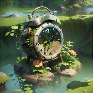 There is a worn-out clock on the rocks in the water? It is surrounded by green vines?3 d render stylized, stylized 3d render, Stylized game art, Stylized concept art, stylized as a 3d render, digital painting highly detailed, very detailed digital painting, 3 d stylize scene, Stylized digital illustration, highly detailed digital painting, an overgrown?Overgrown with shiny spots