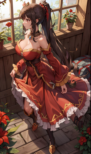 (masterpiece, best quality, high quality, high resolution: 1.4), detailed, extremely detailed, soft ambient lighting, 4K, ornate, internal, (rebirth, crop: 1.4), plants, window, 1Gril, megumin (soil: 1.4), ( megumin: 1.2), Standing, full body, (Focus on breasts: 1.2), (Extremely detailed hair: 1.2), Dark brown hair, shoulder length hair, Long locks, Fringe, (Hair intake, High ponytail:  1.4), expression, reds, emotion the flower of the skin, (Red Eyes, Bright, lust, sexual tension, Looking at the Viewer: 1.2), Curvy, Huge Breasts, Skindentation, (Explosive Breasts: 1.2), (Tiara: 1.2), Crown, (Neckline, Strapless, Red Dress, Ruffled Dress, Long Skirt, Buffalo Skirt, Buffalo Sleeve, Juliet Sleeve, Long Sleeve: 1.2), Jewelry, Totally Sexy, garter belt, black stockings