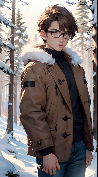male, muscle, 1boy, muscular, 25 year old man,young,1 man,(((1male,1 male, 1man, 1 man,man:1.5,male,male gender:1.5,handsome man,male focus,))),stubble,perfect body,an extremely delicate and beautiful detailed face, beautiful detailed eyes,short hair, (((brown_eyes:1.3))),intricate eyes,beautiful detailed eyes,symmetrical eyes, brown hair,perfect face,brown hair, nice hair style,(perfect hands, five fingers), perfect proportions, ((detailed face)), 

smile,expressive eyes,   

(ultra-detailed:1.3), beautiful detailed glow,  finely detailed, ultra-detailed, 

 nerd,((glasses)),

(open coat, european fashion,fur coat, jeans,white shirt,  masculine features, modern style,winter clothes),(((brown fur coat, brown fur coat outfit, wearing a brown fur coat:1.3,winter brown coat))),((bulge in pants)),((intricate outfit,intricate clothes)),

(dynamic pose:1.0),embarrassed,(centered,scale to fit dimensions,Rule of thirds),

((snowy pine forest at night)), with dark stormy clouds,winter,scenery:1.25,((snow forest background)),Christmas tree,

highres,sharp focus,(ultra detailed,extremely detailed),(photorealistic artwork:1.37),(extremely detailed CG unity 8k wallpaper),(((vibrant colors,vibrant theme))),(intricate),(masterpiece),(best quality),