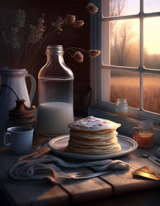 Pancakes on a plate, condensed milk in a jar nearby, a cup of coffee nearby, Matte Painting, soft light, pastel colors, cozy atmosphere --ar 3:4