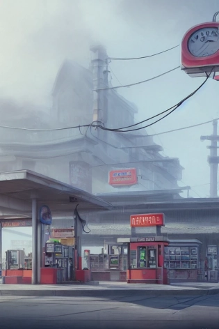 a highly detailed matte painting of a single gas station with a sign in the fog by studio ghibli, makoto shinkai, by artgerm, by wlop, by greg rutkowski, volumetric lighting, octane render, 4 k resolution, trending on artstation, masterpiece