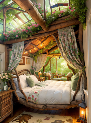 There is a bed?There is a tree in the middle, Comfortable tree house bedroom, cozy place, cozy room, tomas kinkade. Lovely comfortable room, Comfortable and charming scene, cozy bed, cottagecore!!, Storybook style, cozy and calm, dreamy and detailed, floral jungle treehouse, soothing and cozy landscape, cozy and peaceful atmosphere, Magical environment