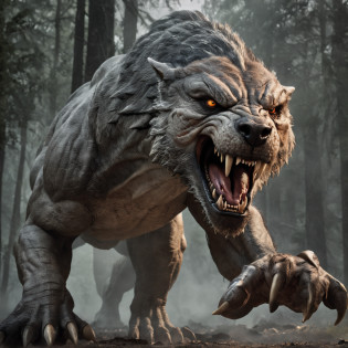 1 wolf, fierce, wild, (alpha male:1.2), strong muscles, sharp teeth, piercing eyes, (battle scars:0.8), gray fur, (aggressive pose:1.1), riding, 1 dinosaur, prehistoric, (T-Rex:1.5), massive, powerful, threatening, (sharp claws:1.3), scales, intimidating, (dinosaur mount:1.2), forest, moonlit night, (ominous atmosphere:1.1), shadows, full moon, starry sky, (epic battle scene:1.4), ferocious, action-packed, dynamic, (triumphant expression:1.2), dust clouds, mountains, (dinosaur roaring:1.3), (wolf howling:1.1), adventure, fantasy, mythical creatures.