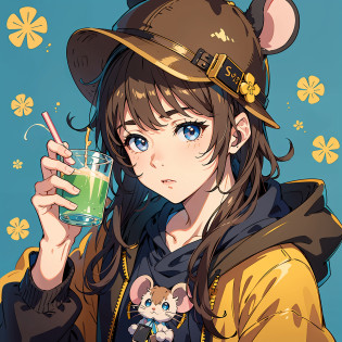 Ins style, Harajuku style, close-up, complete headshot, a handsome boy drinking lemonade tea, brown hair, mouse ear hat hairstyle, masterpiece, light blue solid color background, hopeful eyes, black Hoodie