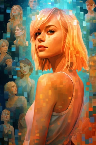 a collage of photos of different blond women and their lighting, in the style of colorful fantasy realism, 8k resolution, hyper-realistic oil, bokeh, mosaic-inspired realism, dark turquoise and light orange, 8k 3d --ar 2:3