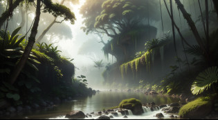 in a highly detailed jungle, Dense jungle, foggy jungle in the background, foggy jungle, jungle clearing, on a jungle forest, overgrown jungle environment, jungle setting, tropical forest, jungle as the background, Colombian jungle,?There is a river that runs through a lush green forest full of rocks
