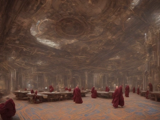 High-resolution photography exterior of a spaceship where monks in dark burgundy red robes are drinking tea, the monks chant for peace, high tech, cinematic lighting, steampunk, cyborg, intricately detailed, to scale, hyperrealistic, wooden floor, small windows opening onto the garden, Bauhaus furniture and decoration, beige blue salmon pastel palette, interior design magazine, cozy atmosphere; 8k, intricate detail, photorealistic, realistic light, wide angle, kinfolk photography, A+D architecture.