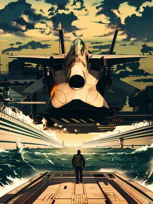 There is a man standing on a ship watching a fighter jet fly over the water, Top Gun Maverick, Aircraft carrier scene, Chris Moore, Jet fighter background, by David B. Mattingly, military art, Ace Combat, Inspired by Chris Moore, Edwards Poster Art, David G. Sorensen, aircraft carrier, hq 4k phone wallpaper