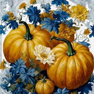 There were two pumpkins and flowers on the tablecloth, pumpkins, Harvest, harvest fall vibrance, renaissance autumnal, author?Jaime Jones, gourds, fall season, pumpkins, author?Leo Goetz, harvest fall vibrance, Gilberto Soren Zaragoza, pumpkin patch, Blue and yellow, 240p, blue colors?White and gold, fall