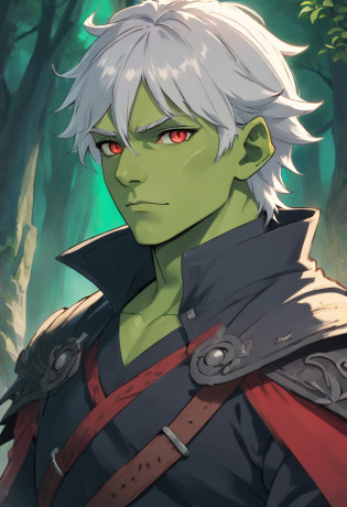 half orc, green skin, male, close up portrait, fantasy look, rpg character, medieval fantasy, white hair, red eyes, 1.90 height, muscolar, half-body shot, scars, ((Taper Haircut + Brushed Up man's hairstyle)), black boots, fullbody ((fullbody)), 30years, muscolar body, black outfits, ((black fantasy outfits)), ((deep green skin))