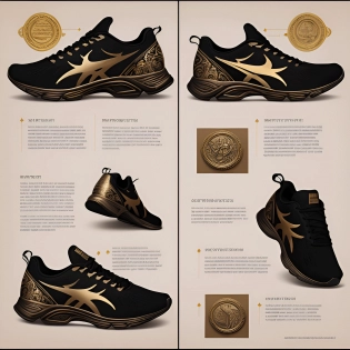 (realistic:1. 3), poster, intricate details, painting (artwork), ((masterpiece, best quality)), a full page design of running shoes, black and bronze paper, infographic, marginalia