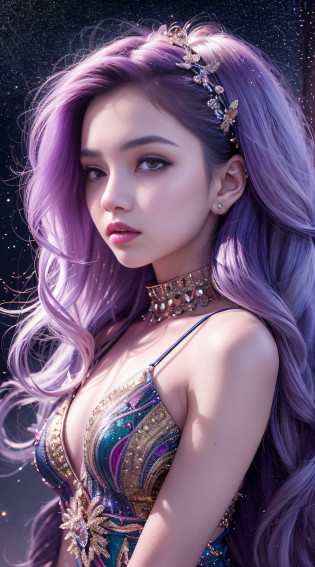 Background: Mysterious quantum environment, Cosmic elements and ethereal atmosphere?A mix of bright lights and colorful nebulae. Theme: A mysterious girl with a magical aura. She has long, Colorful wavy curls, The shiny hair stands out. His eyes are deep and expressive, Reflection Universe. She wore a flowing dress in purple and blue, With intricate details and mysterious textures. Color Palette: A combination of mysterious shades such as cosmic purple, Sky blue, Soft pink and a touch of gold. Create contrasts, Increase depth, Dark color, Such as dark purple or night blue. Aesthetics: The aesthetic combines elements of Mistycore, Known for its mysterious and ethereal atmosphere, and crystal cores, With its crystal clarity and sparkling details. The girl exudes magical energy?Her presence hangs over her?mesmerising. Covered with: Keep subtle glowing effects and glitter overlays around the girl, Covered with: Add a soft glow effect around the girl and crystal, It seems to exude magic. Also, Add small details of flash?Enhance the ethereal atmosphere.