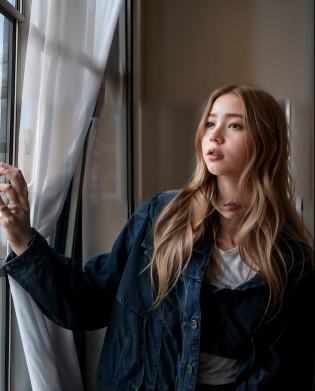arafed woman in a denim jacket leaning against a window, lofi portrait at a window, leaning against the window, next to a window, with backdrop of natural light, standing near a window, sydney sweeney, near a window, next to a big window, looking out a window, looking out the window, infp young woman, a girl with blonde hair