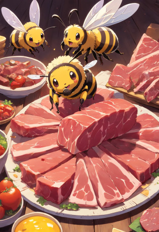 Generate a illustration where bee-like creatures are feasting on slices of meat. Depict these bee-like creatures holding the meat with their tiny legs and enthusiastically devouring it