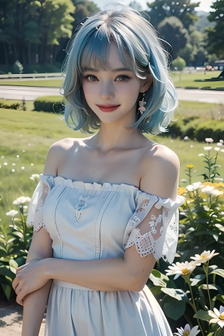 Best quality, masterpiece, ultra high res, (photorealistic:1. 4), raw photo, pale skin, perfect face , beautiful face, feminine face, royalty , princess , <lora:detailed_eye:1>, 1girl, white dress, off shoulder, blossom flower field, glowing skin, light smile