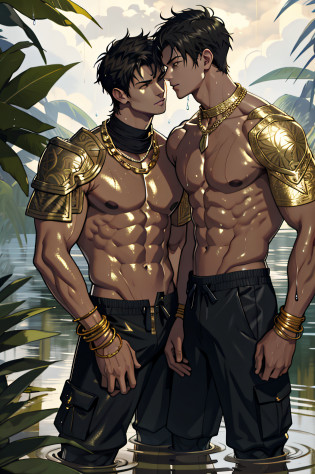 Two muscular fit shirtless boys standing in deep pond water kissing wearing gold jewellery and gol armbands. Gold intricate shoulder pads, and gold chains on waist. Wet hair and dripping bodies. Wearing cargo pants. Shirtless. Cloudy background. Handsome faces, black short hair. Homoerotic scene. Mud on body.