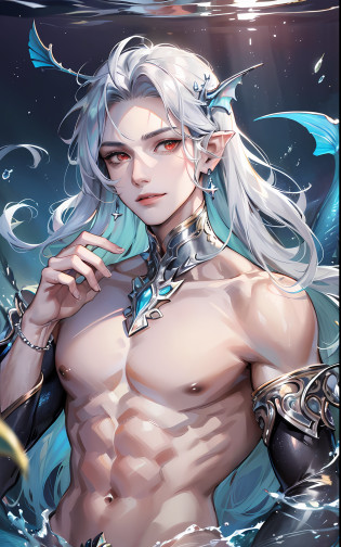 man, masculine, masculine face, attractive, muscular, (((1man))), masterpiece, absurdres, best quality ,intricate details , (shiny skin, shiny body, shiny oily luster skin, shiny hair, pale skintone), Sundown, attractive, ((muscular)), adult, one, earrings, Don't look at the view , Not looking at the view, silver hair, braided hair, perfect detailed face, perfect detailed hands, triton, fins, red eyes, triton ears, ((portait)), smirk, marine sea ornaments, open chest, ((mermaid tail)), no legs, under the sea, fishes, masculine features, masculine face, (((night))), moonlight, darkness, dark light