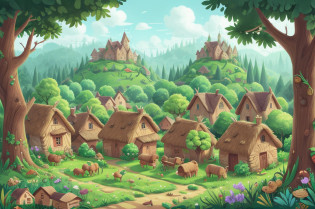 a village, in the background a forest