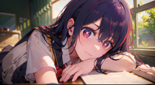 (Dusk), empty classroom after school, classroom scene, sunlight shining in through the window, (a lazy girl lying on her desk, looking at the audience, Faint smile: 1.3), solo, hair ornament on left, (half-off JK school uniform), summer short-sleeved school uniform, (red eyes, stars in eyes), classroom, (desk), curtains, windows, front, fantasy, (large classroom: 1.2) (big scene), mid-range end, cowboy lens, (rich color) (best quality: 1.2), master work, (high precision: 1.1), 8k resolution, (rich detail), delicate, clear background, noise reduction, complex details, super detailed, very detailed, complex, small details, CG, fresh