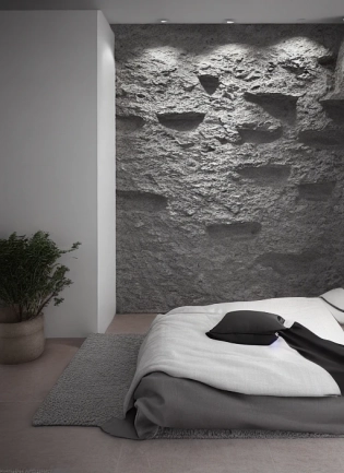 Troglodyte bedroom, indirect led lighting a [rocky wall], minimalist architecture, minimalist furniture, octane render, high quality, 8 k, post production, high contrast