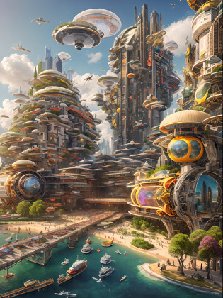 Built in?beachside?And a high-tech city towering into the clouds?Cidade futuristica? fanciful? 24th century?A fantasy world?Robots are everywhere??gotik+Romanesque+Chinese Various types of architecture??the ai? laser?There are a lot of ladybug-like spaceships in the air?There are a lot of bat-like spaceships in the air?There are a lot of jellyfish-like ships in the air?Distrov city?Future technology?Tiny details?Turbocharged city bustle? Cinematic special effects quality?Spring, summer, autumn, winter and four seasons alternation?Scenes of the change of seasons?? 8K?3D?32UHD?