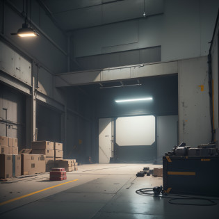 Inside the factory has boxes, factory background, interior lights, no sunlight [[1]], Overwatch building, [[empty factory]] background, interior background art, dark hangar background, weapon shop interior, random background scene, background art, secret shady lab, Overwatch design, EVA Unit-00 in the back, mirror edge art style, --s1 --auto